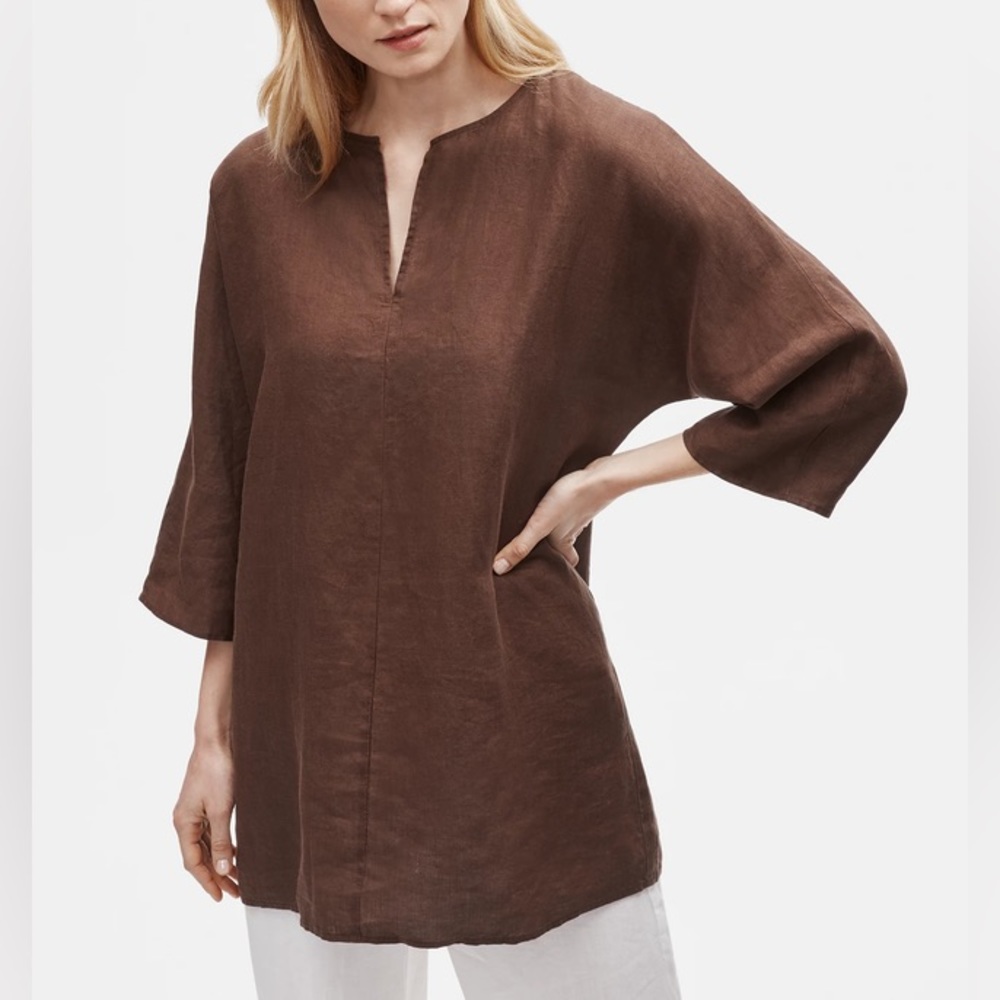 Eileen Fisher Brown Organic Handkerchief Linen Split Neck Loose Fit Tunic Top